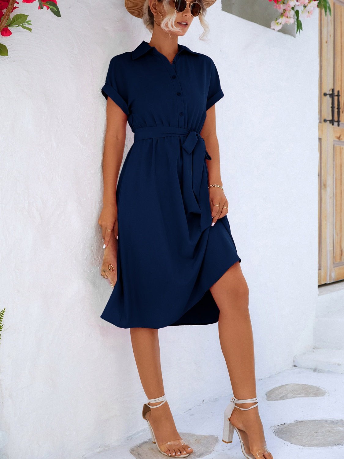 Buttoned Tie Waist Short Sleeve Dress - ViarousViarousViarous