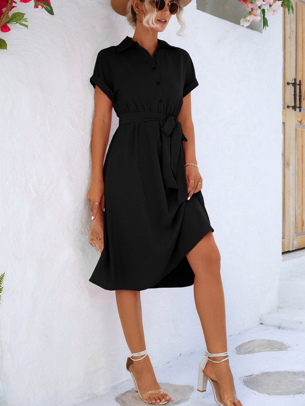 Buttoned Tie Waist Short Sleeve Dress - ViarousViarousViarous