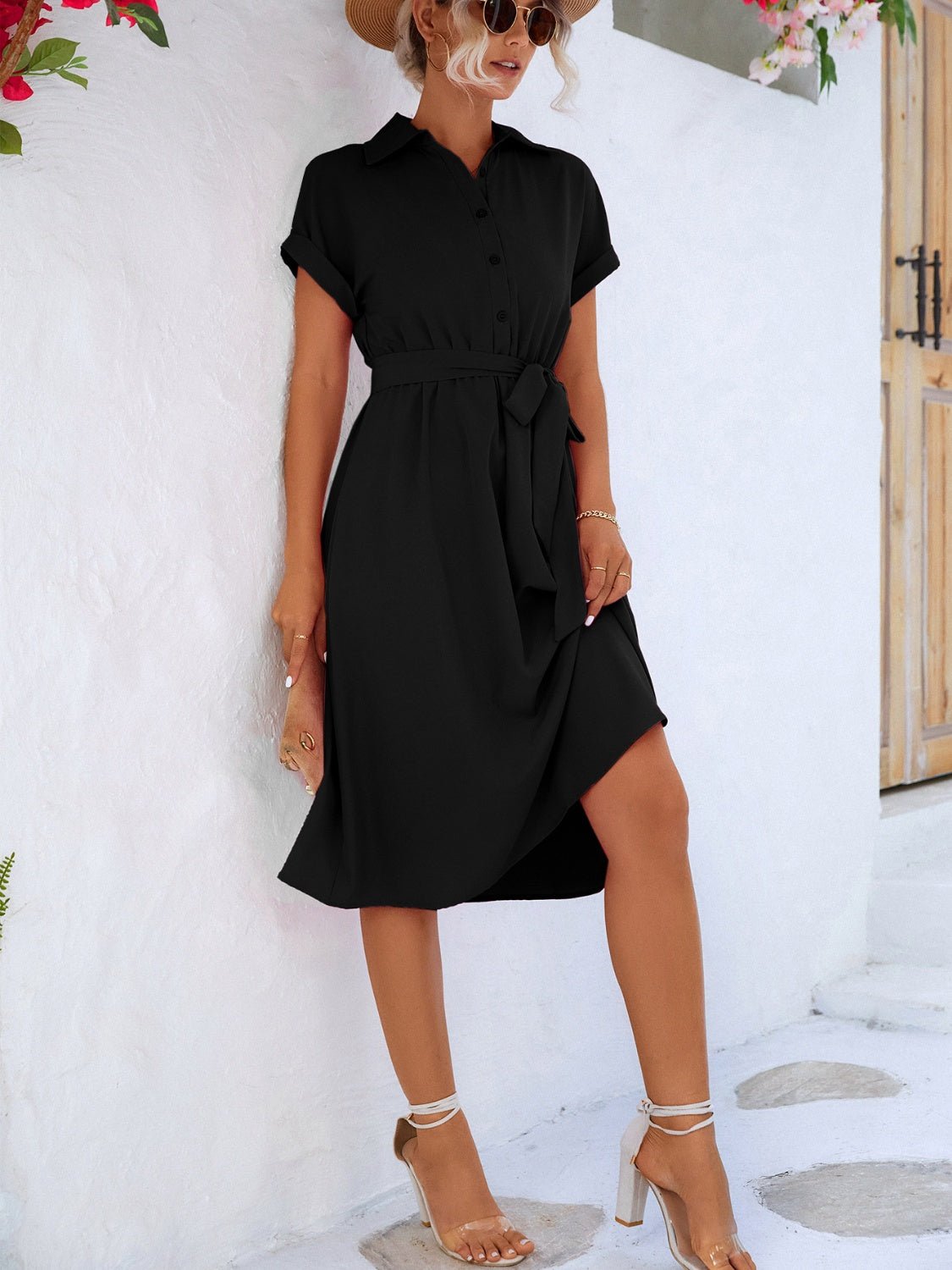 Buttoned Tie Waist Short Sleeve Dress - ViarousViarousViarous