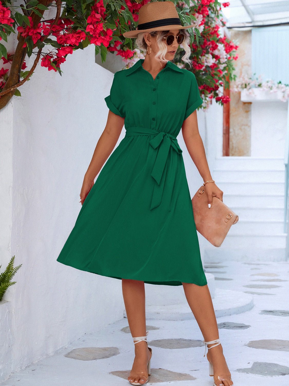 Buttoned Tie Waist Short Sleeve Dress - ViarousViarousViarous