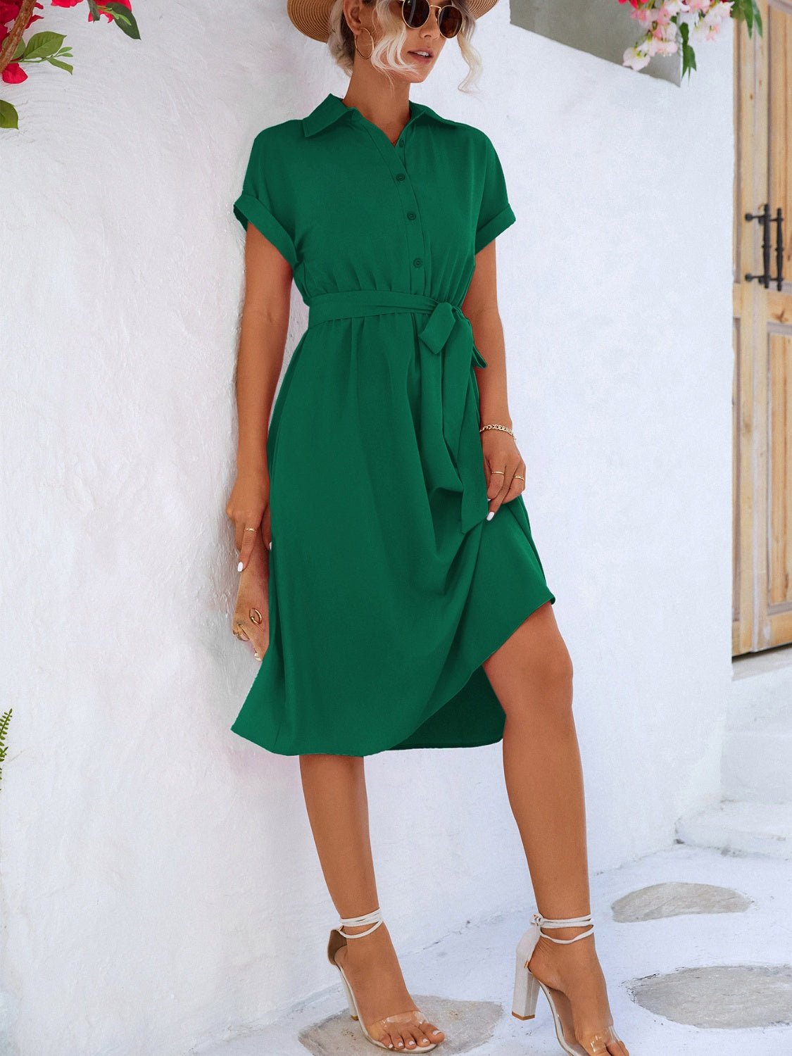 Buttoned Tie Waist Short Sleeve Dress - ViarousViarousViarous
