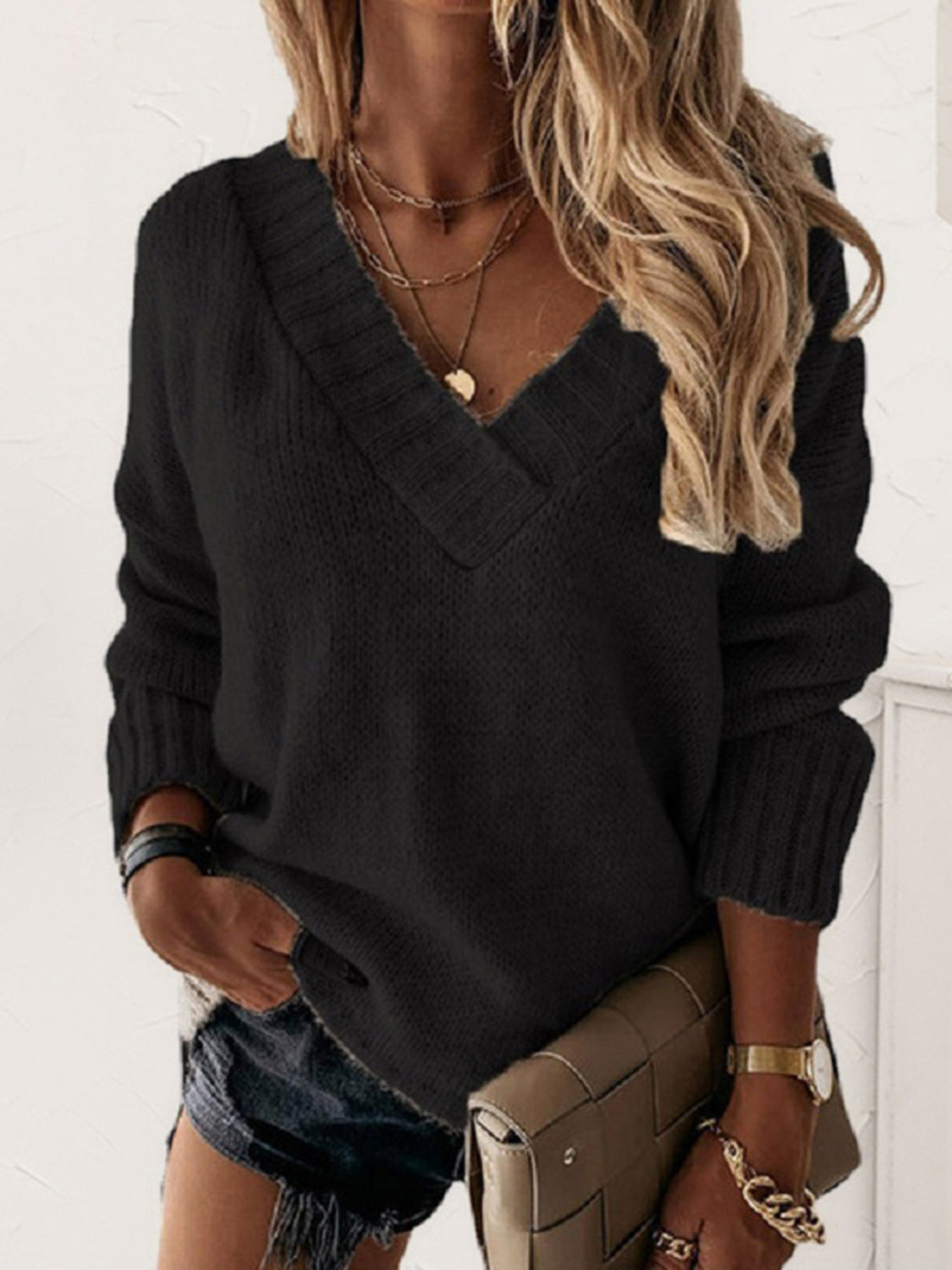 V-Neck Long Sleeve Knit Top - Viarous
