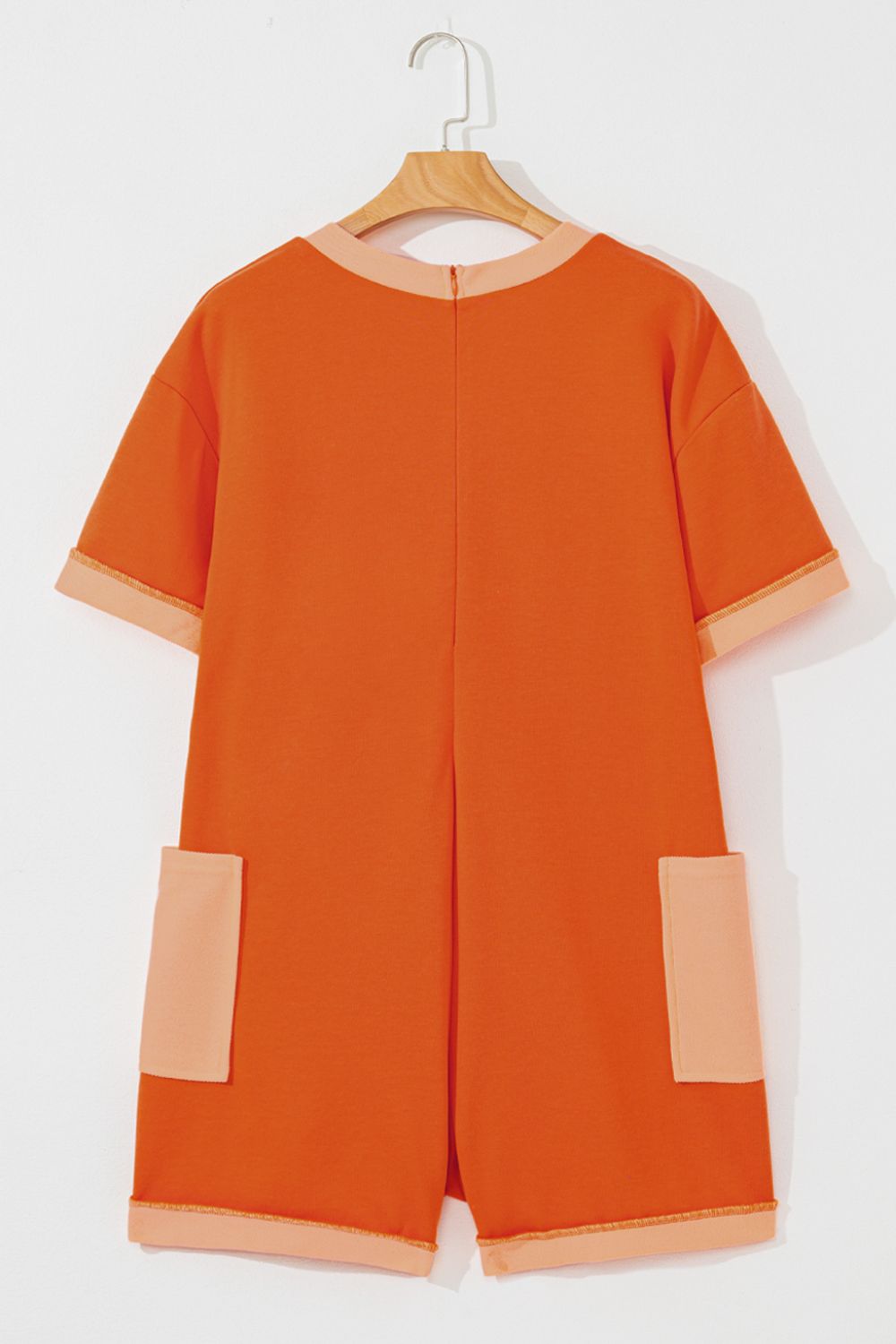 Two-Tone Short Sleeve V Neck Patched Pocket Romper - Viarous