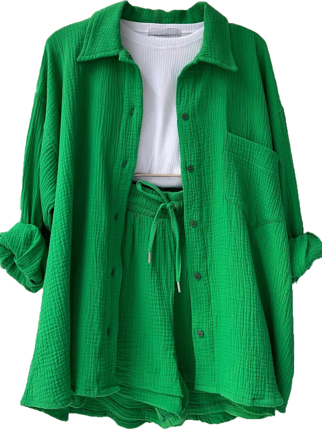Texture Button Up Shirt and Drawstring Shorts Set - Viarous