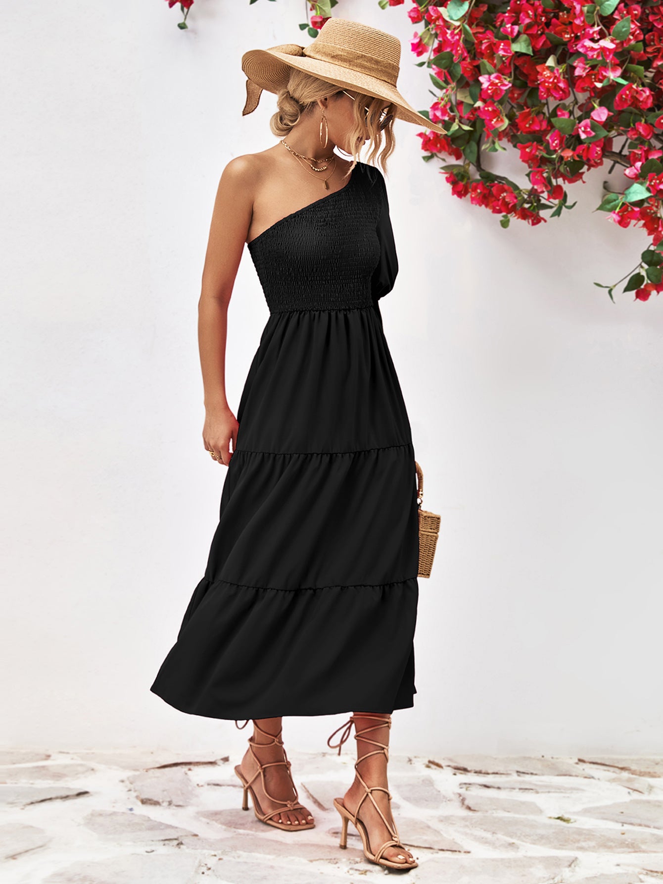 Smocked One-Shoulder Midi Dress - Viarous