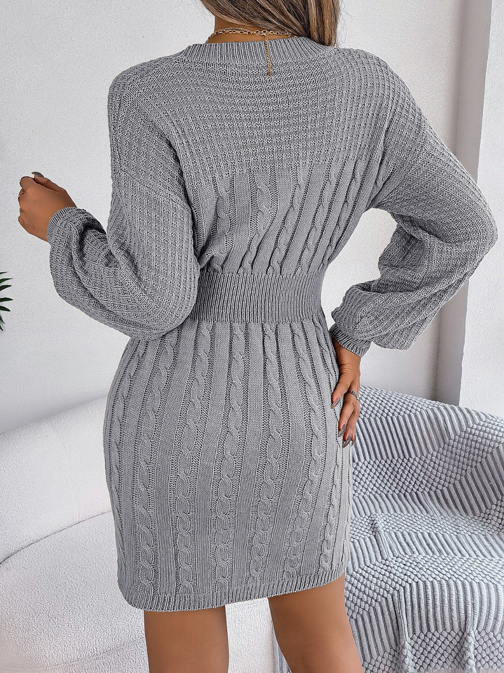 Cable - Knit Cutout Round Neck Slit Sweater Dress - ViarousViarousViarous