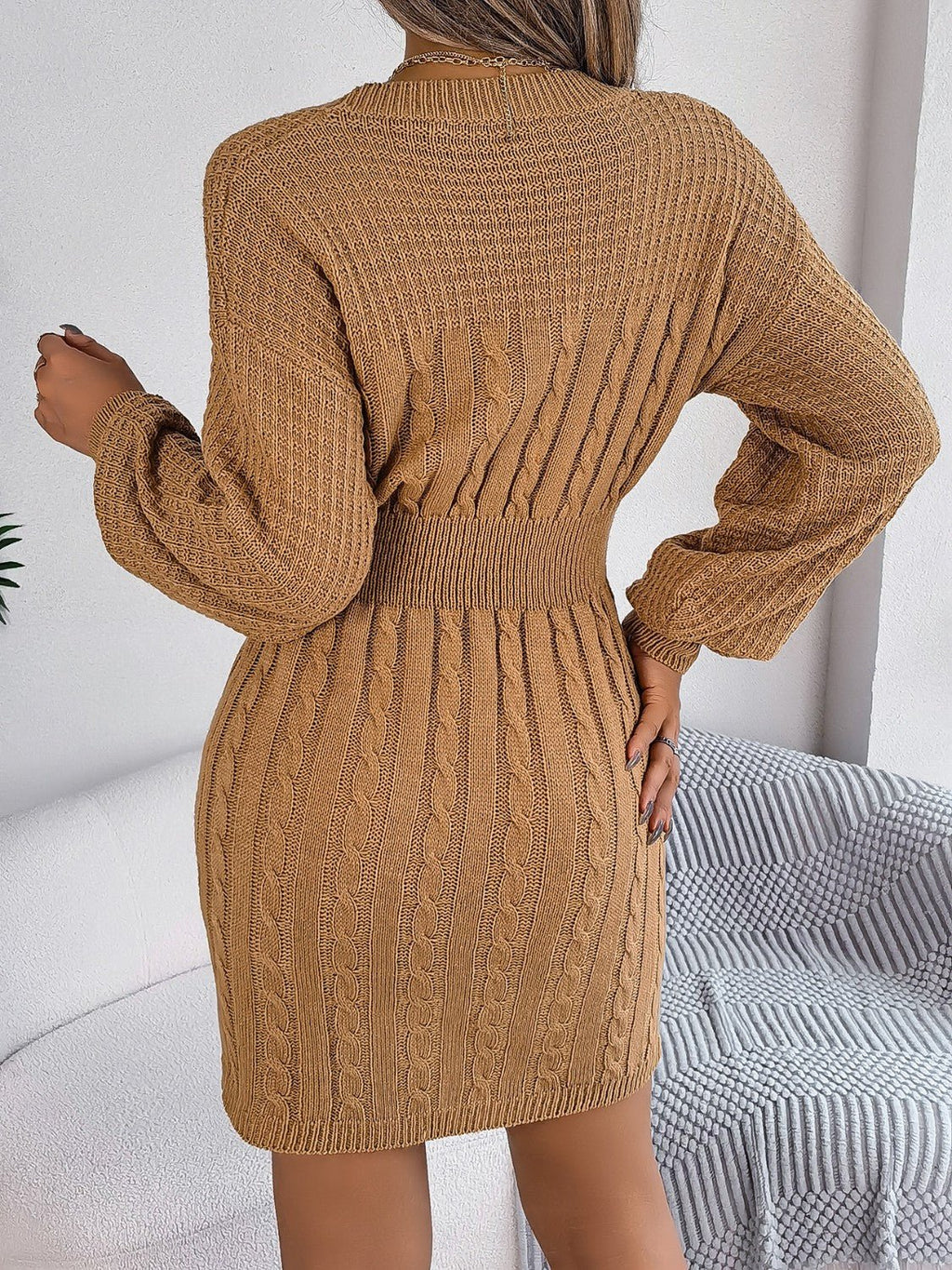 Cable - Knit Cutout Round Neck Slit Sweater Dress - ViarousViarousViarous