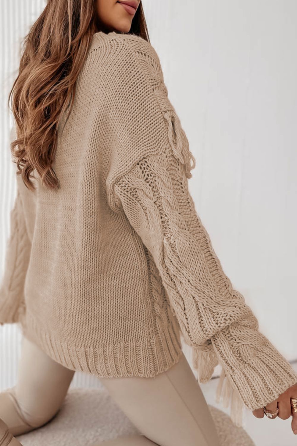 Cable Knit Fringe Round Neck Long Sleeve Sweater - ViarousViarousViarous