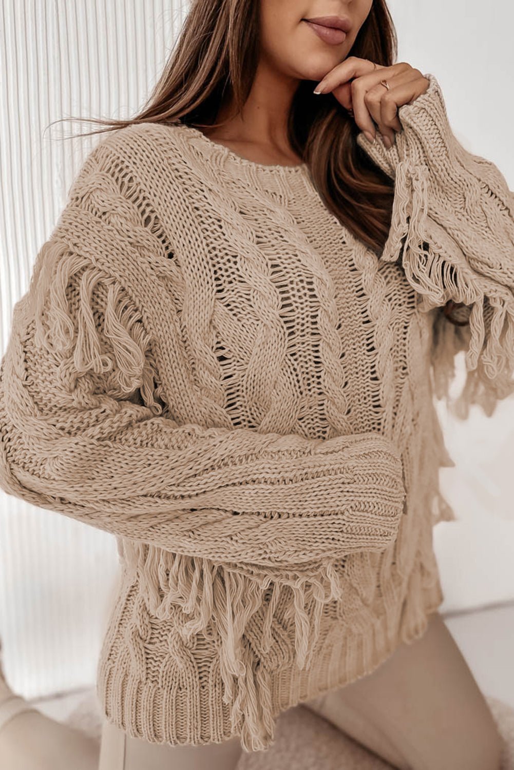 Cable Knit Fringe Round Neck Long Sleeve Sweater - ViarousViarousViarous