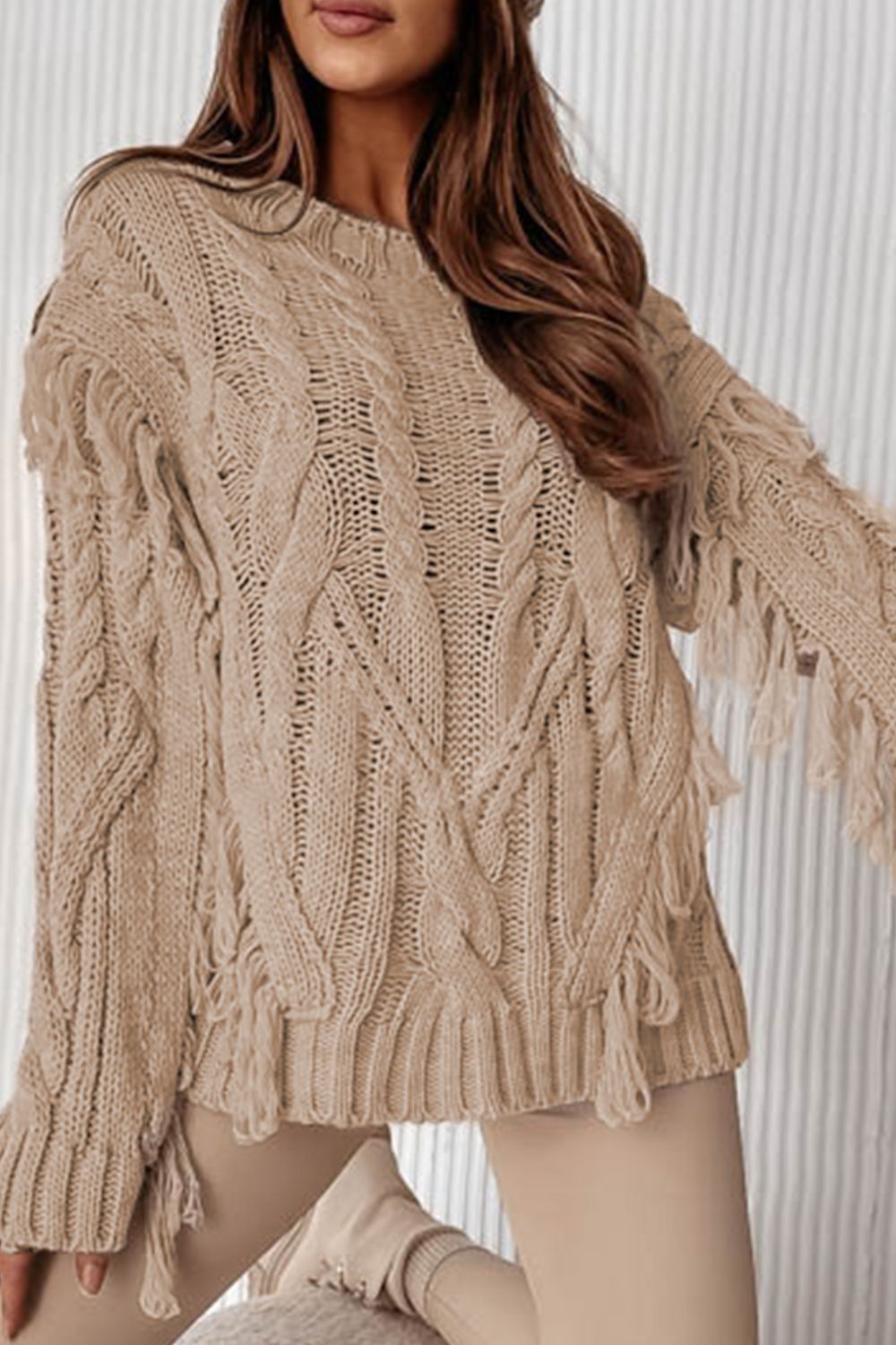 Cable Knit Fringe Round Neck Long Sleeve Sweater - ViarousViarousViarous