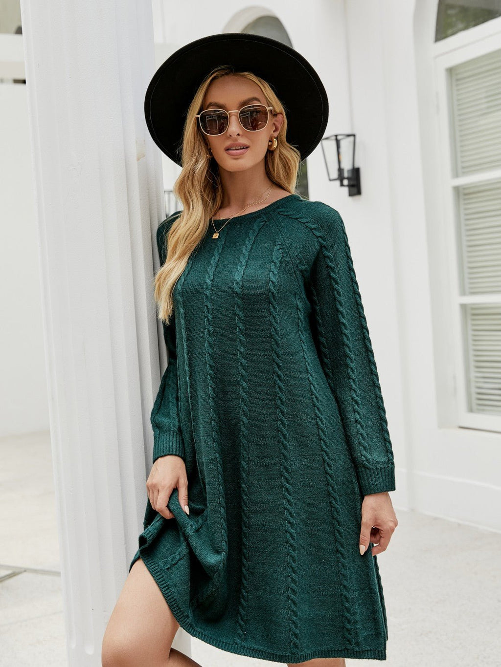 Cable - Knit Long Sleeve Sweater Dress - ViarousViarousViarous