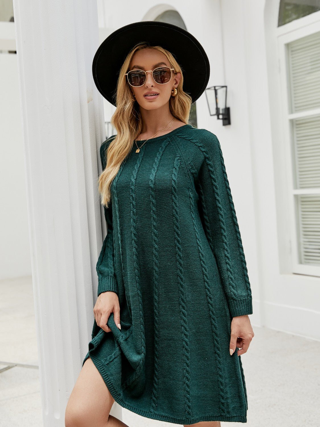 Cable - Knit Long Sleeve Sweater Dress - ViarousViarousViarous