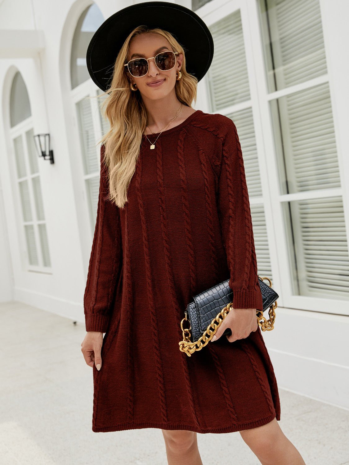 Cable - Knit Long Sleeve Sweater Dress - ViarousViarousViarous