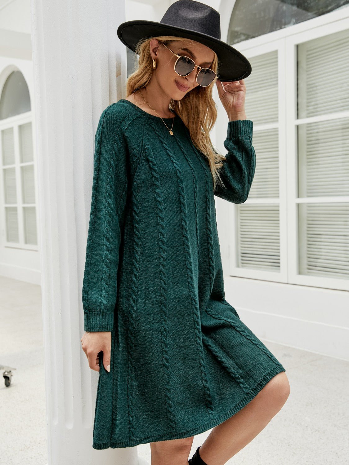 Cable - Knit Long Sleeve Sweater Dress - ViarousViarousViarous