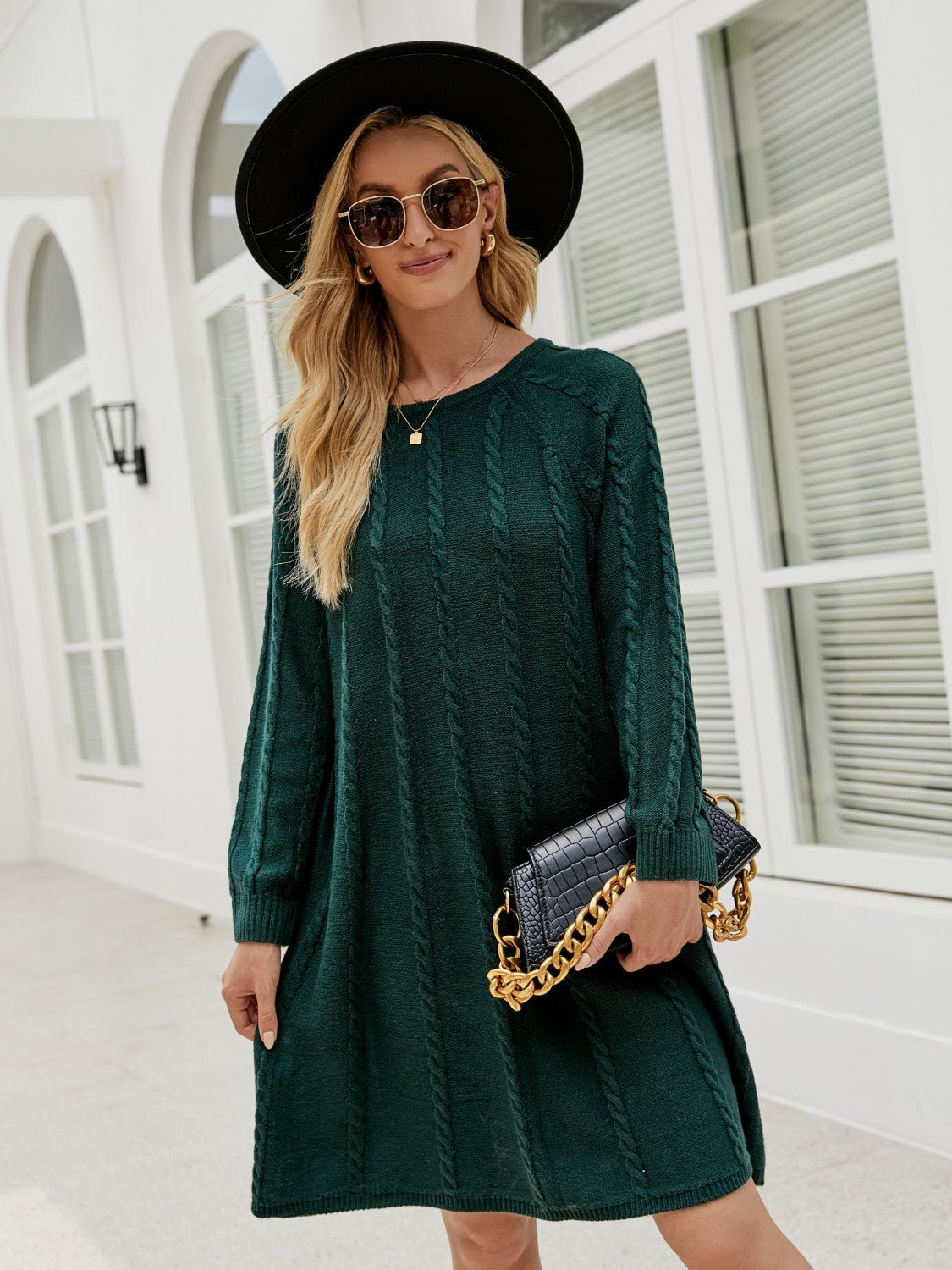 Cable - Knit Long Sleeve Sweater Dress - ViarousViarousViarous