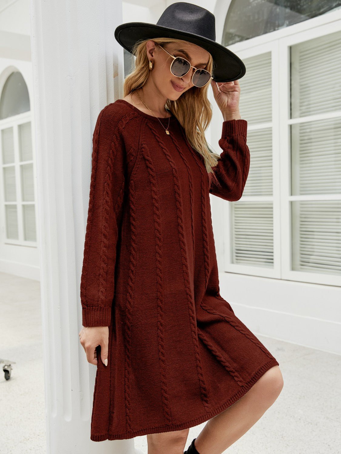 Cable - Knit Long Sleeve Sweater Dress - ViarousViarousViarous
