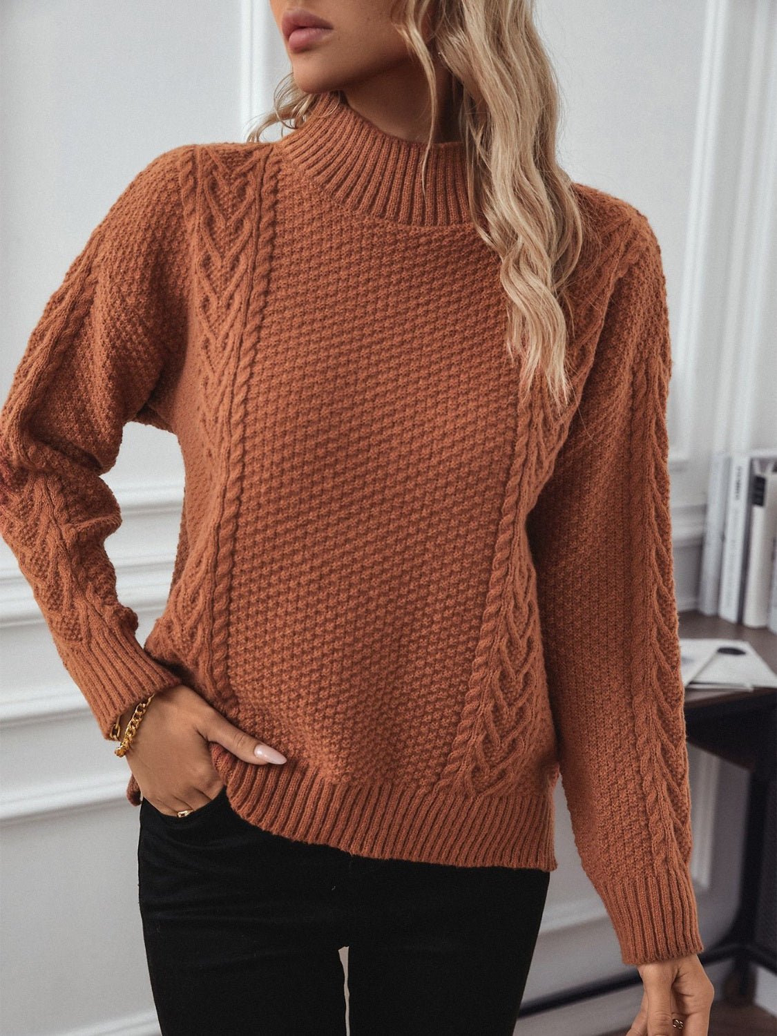 Cable - Knit Mock Neck Long Sleeve Sweater - ViarousViarousViarous