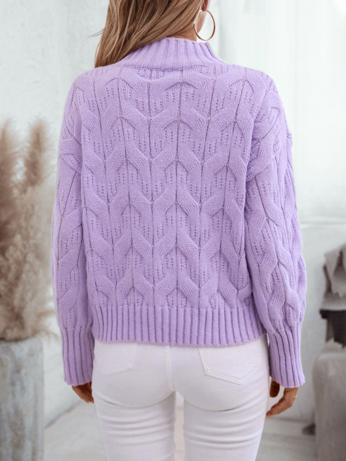 Cable Knit Mock Neck Long Sleeve Sweater - ViarousViarousViarous