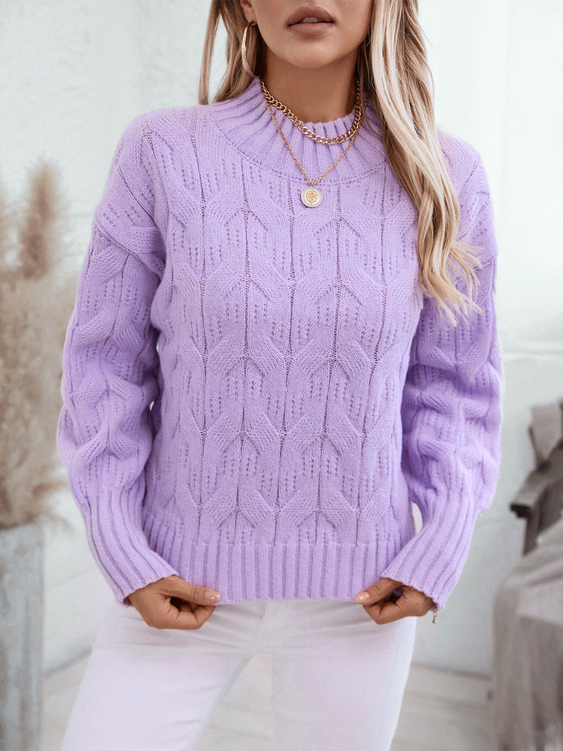 Cable Knit Mock Neck Long Sleeve Sweater - ViarousViarousViarous