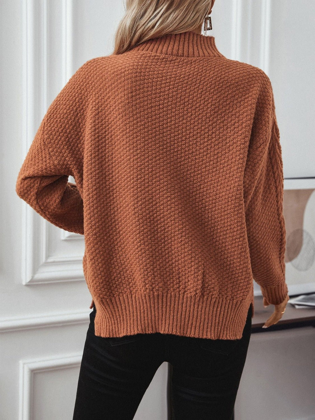 Cable - Knit Mock Neck Long Sleeve Sweater - ViarousViarousViarous