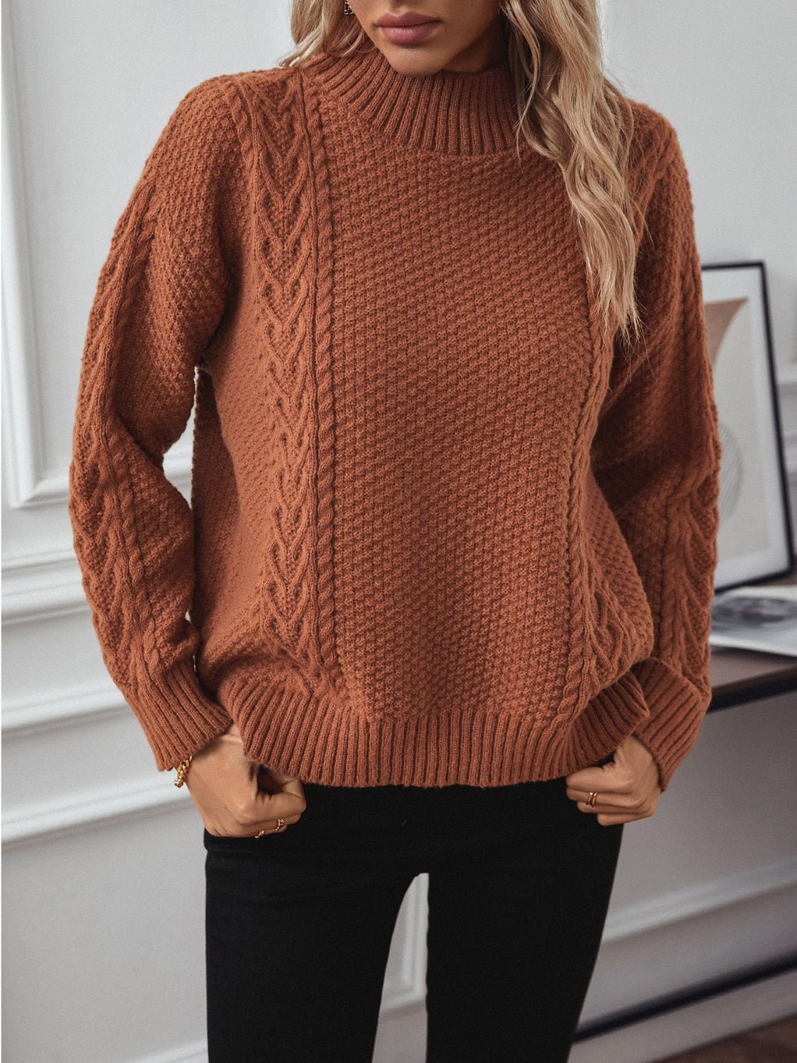 Cable - Knit Mock Neck Long Sleeve Sweater - ViarousViarousViarous