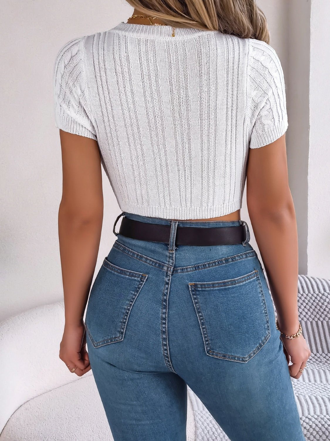 Cable Knit Openwork Round Neck Knit Top - ViarousViarousViarous