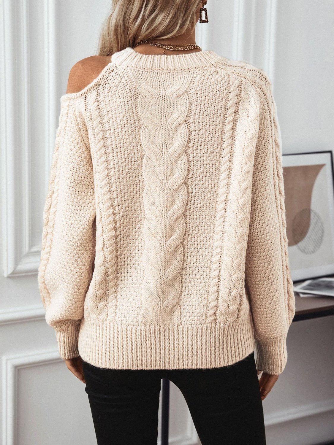 Cable Knit Round Neck Cold Shoulder Sweater - ViarousViarousViarous