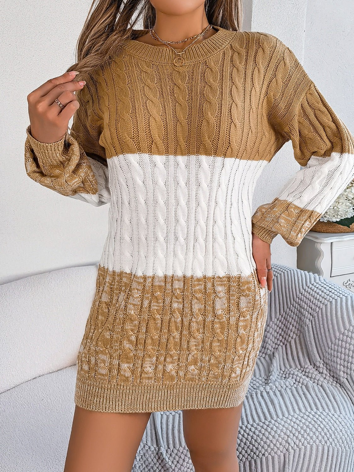 Cable - Knit Round Neck Color Block Sweater Dress - ViarousViarousViarous