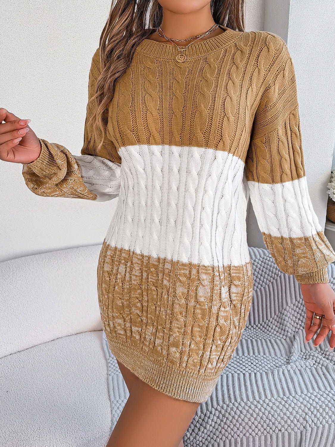 Cable - Knit Round Neck Color Block Sweater Dress - ViarousViarousViarous