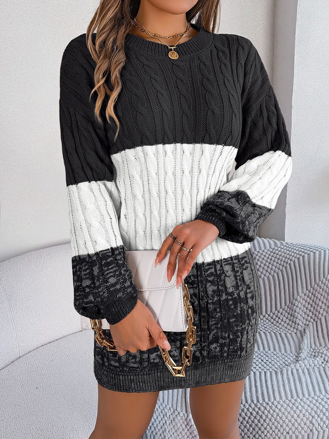 Cable - Knit Round Neck Color Block Sweater Dress - ViarousViarousViarous