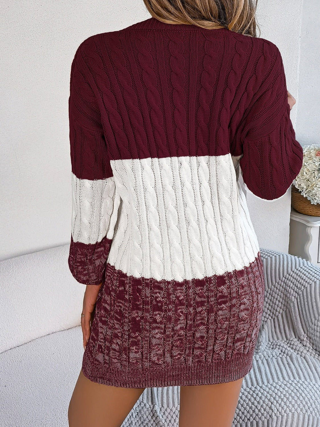 Cable - Knit Round Neck Color Block Sweater Dress - ViarousViarousViarous