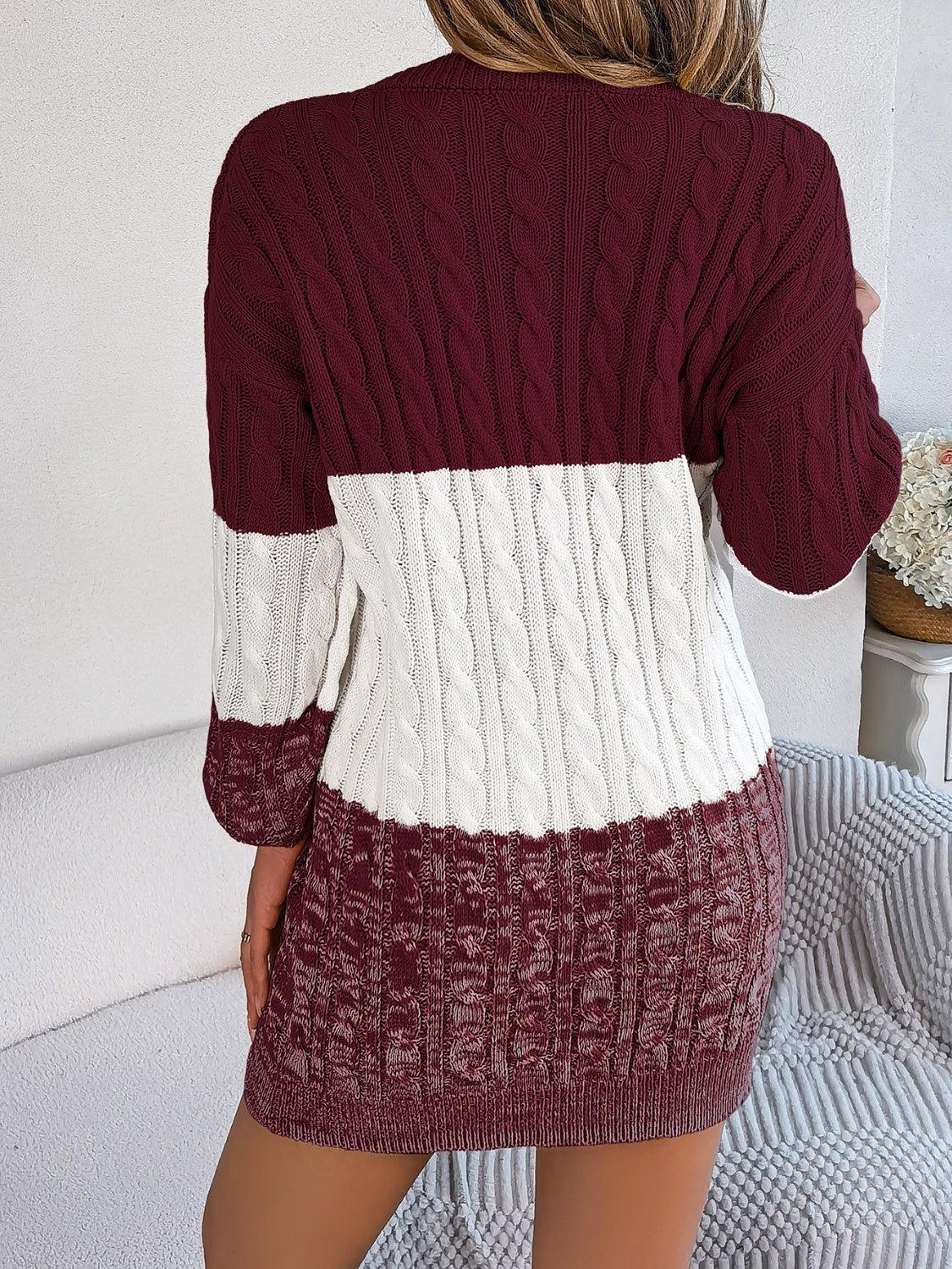 Cable - Knit Round Neck Color Block Sweater Dress - ViarousViarousViarous