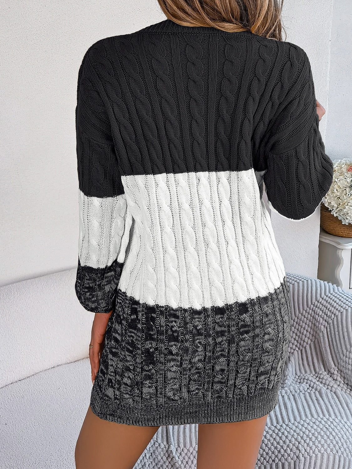 Cable - Knit Round Neck Color Block Sweater Dress - ViarousViarousViarous