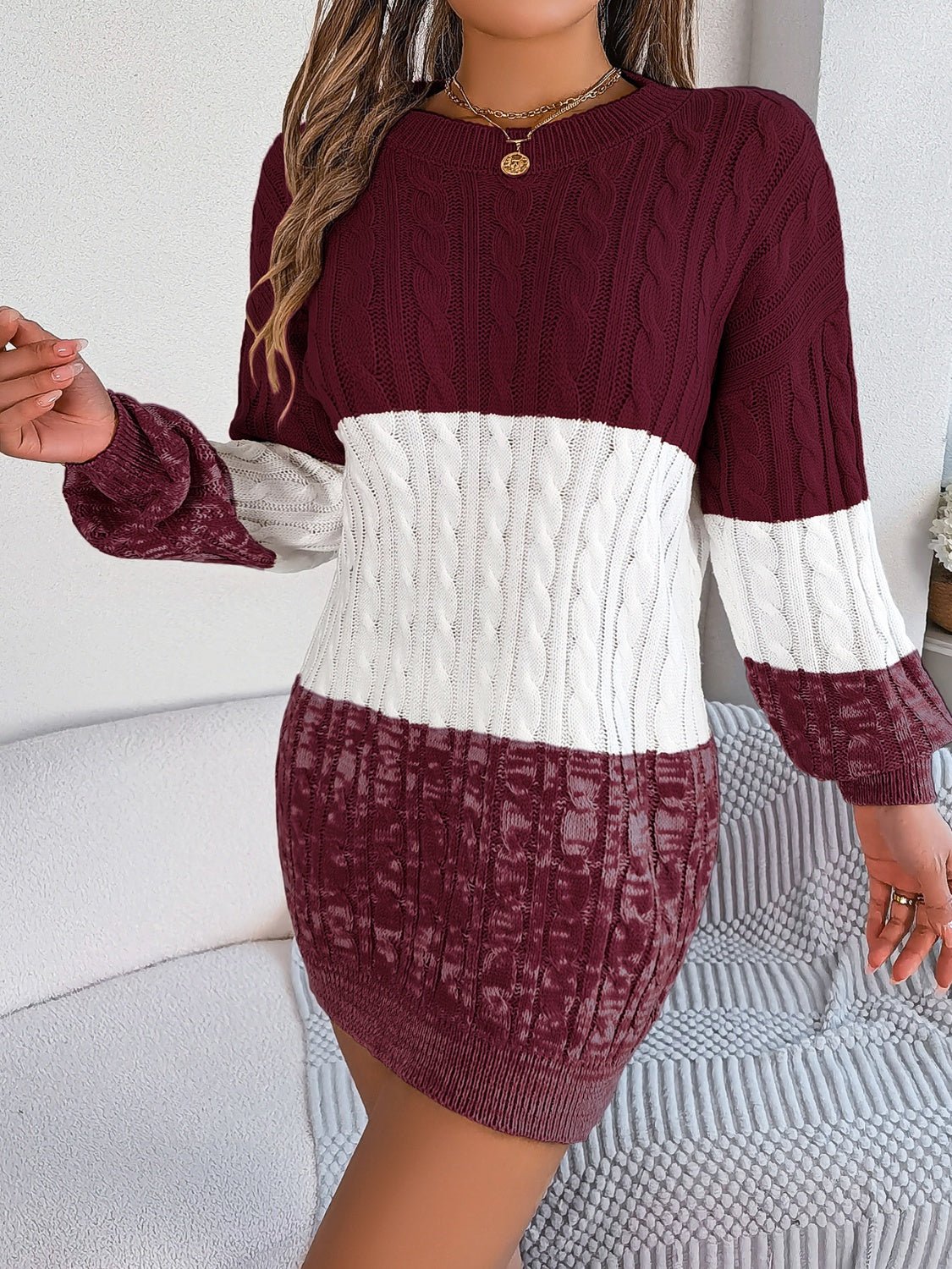 Cable - Knit Round Neck Color Block Sweater Dress - ViarousViarousViarous