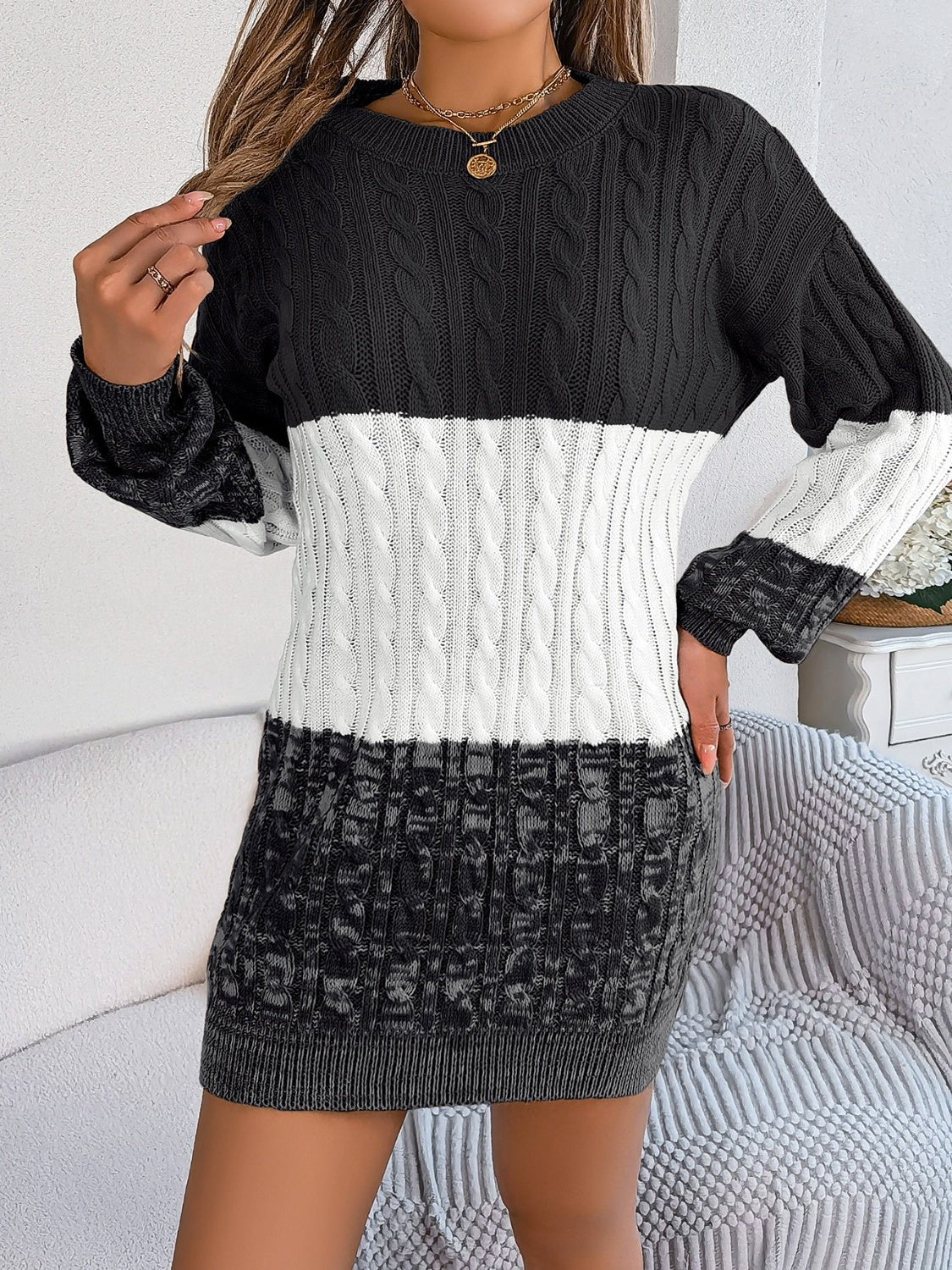 Cable - Knit Round Neck Color Block Sweater Dress - ViarousViarousViarous