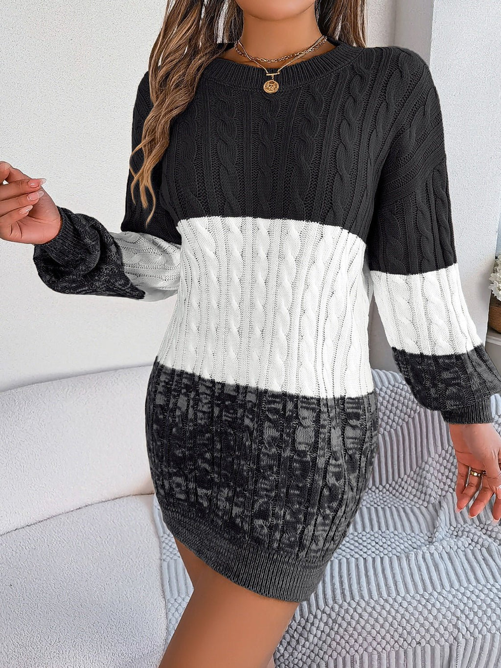 Cable - Knit Round Neck Color Block Sweater Dress - ViarousViarousViarous