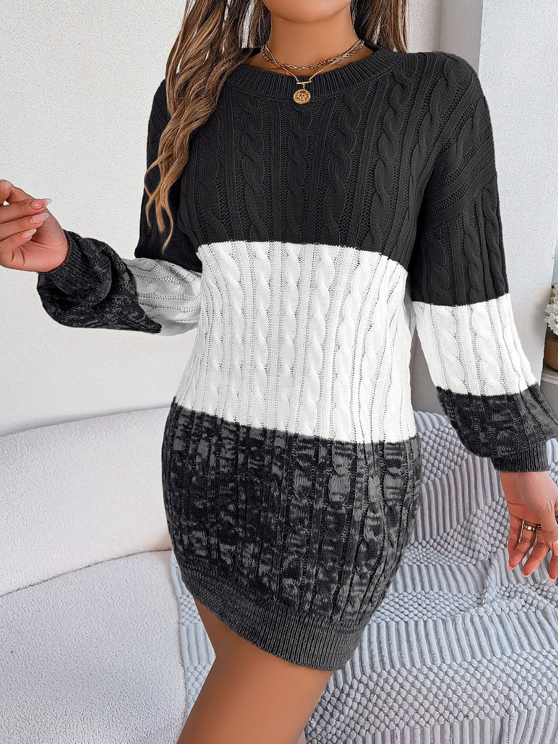 Cable - Knit Round Neck Color Block Sweater Dress - ViarousViarousViarous