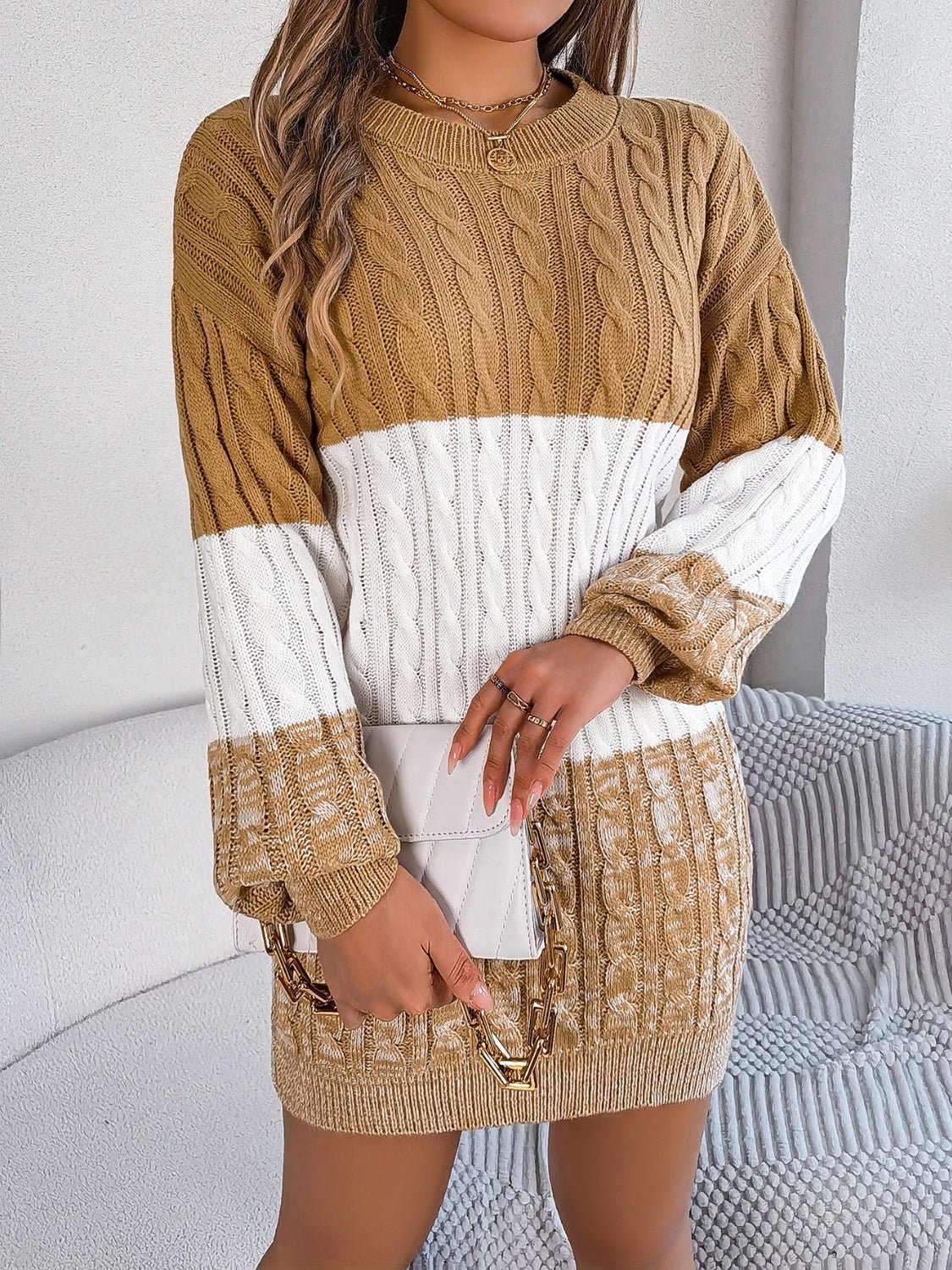 Cable - Knit Round Neck Color Block Sweater Dress - ViarousViarousViarous