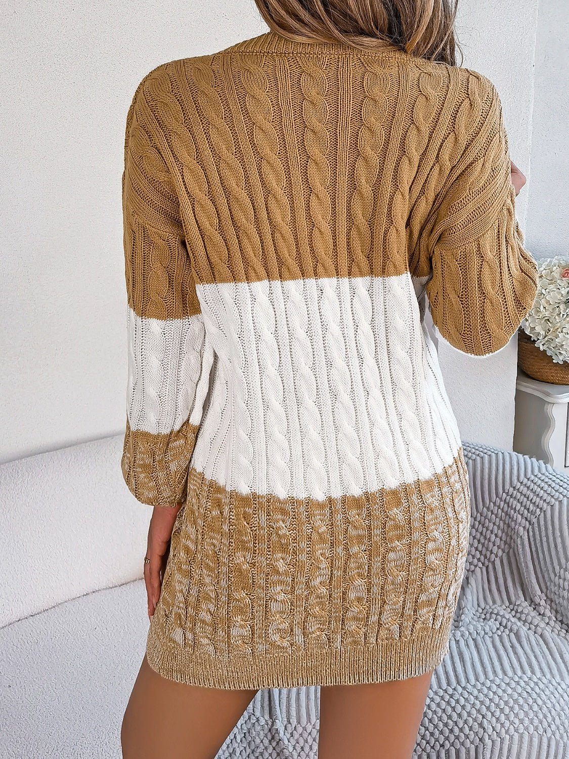Cable - Knit Round Neck Color Block Sweater Dress - ViarousViarousViarous