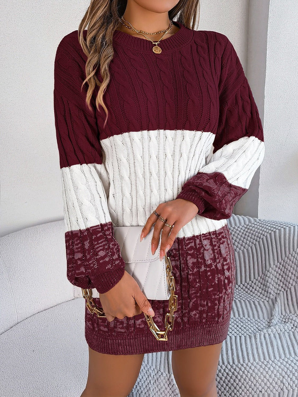 Cable - Knit Round Neck Color Block Sweater Dress - ViarousViarousViarous