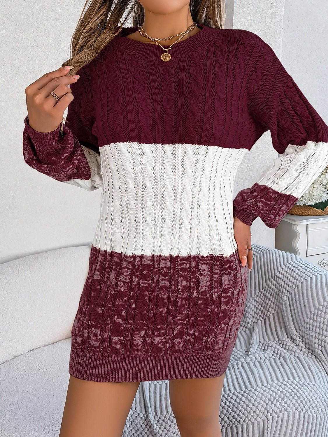Cable - Knit Round Neck Color Block Sweater Dress - ViarousViarousViarous