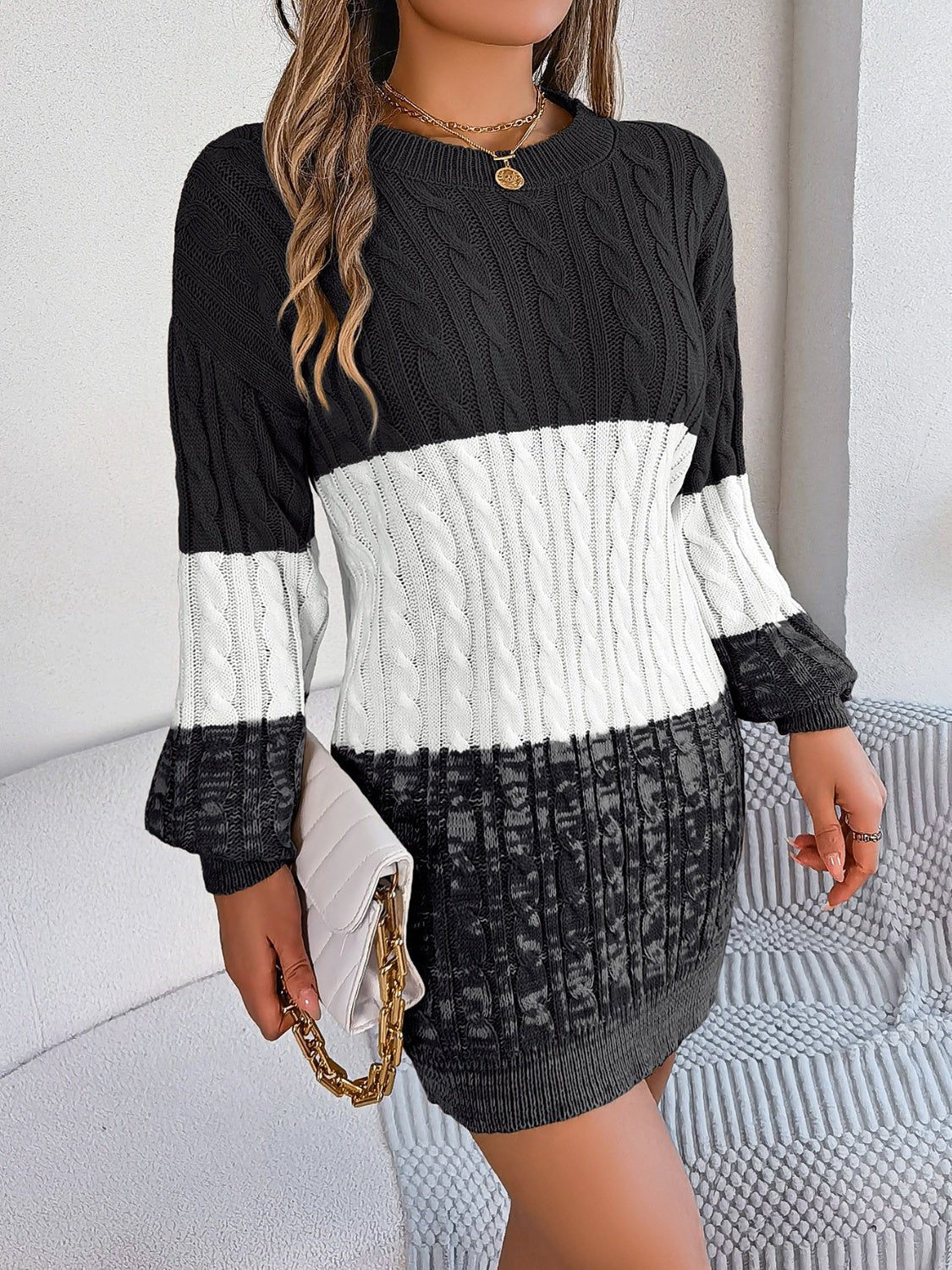 Cable - Knit Round Neck Color Block Sweater Dress - ViarousViarousViarous