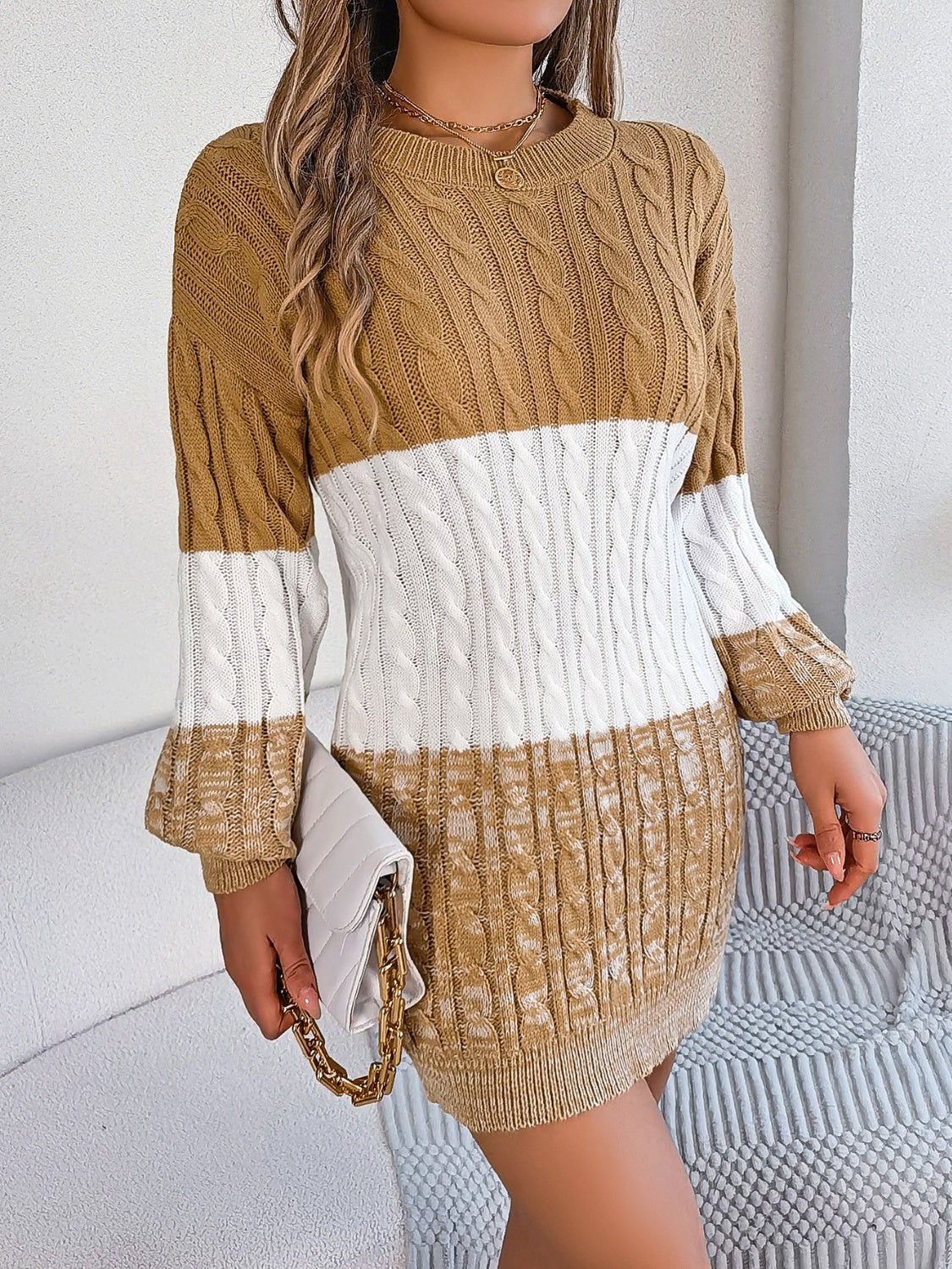 Cable - Knit Round Neck Color Block Sweater Dress - ViarousViarousViarous