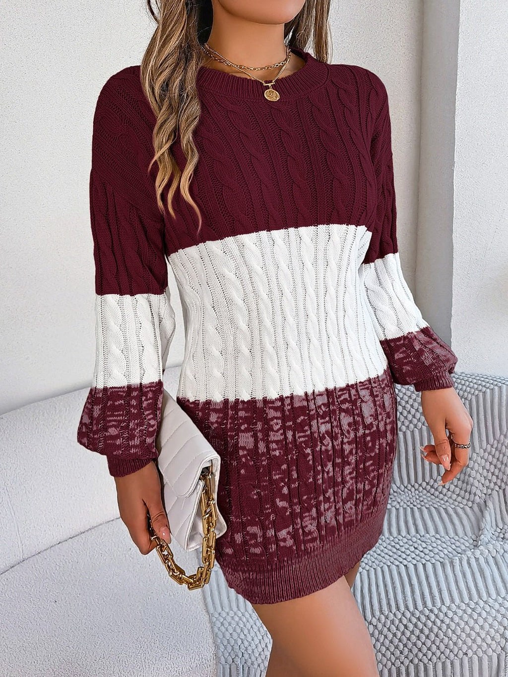 Cable - Knit Round Neck Color Block Sweater Dress - ViarousViarousViarous