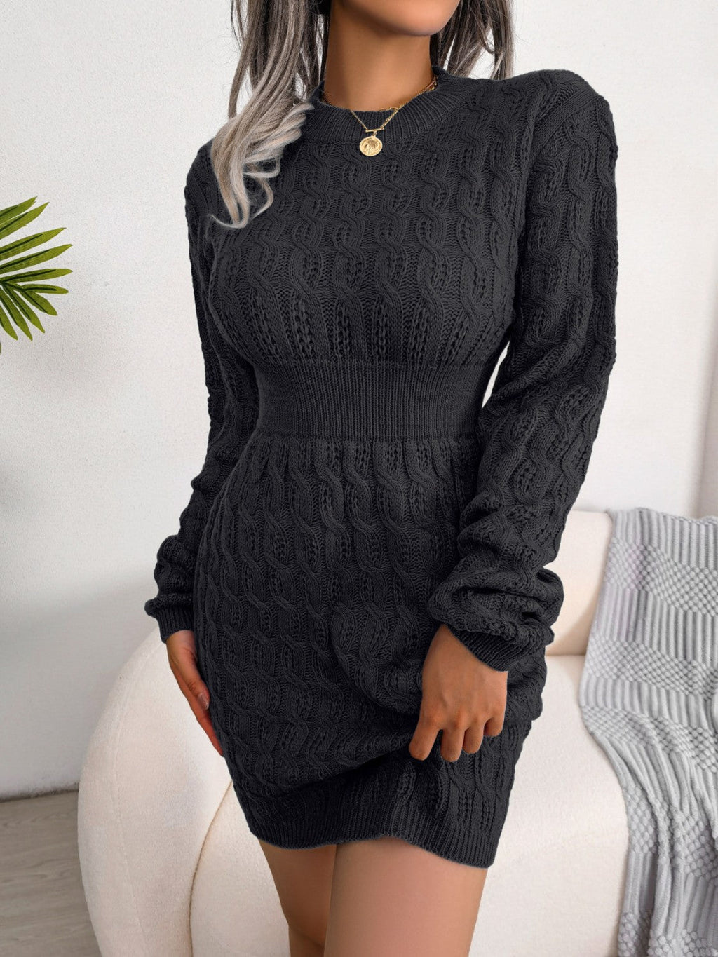 Cable - Knit Round Neck Mini Wrap Sweater Dress - ViarousViarousViarous