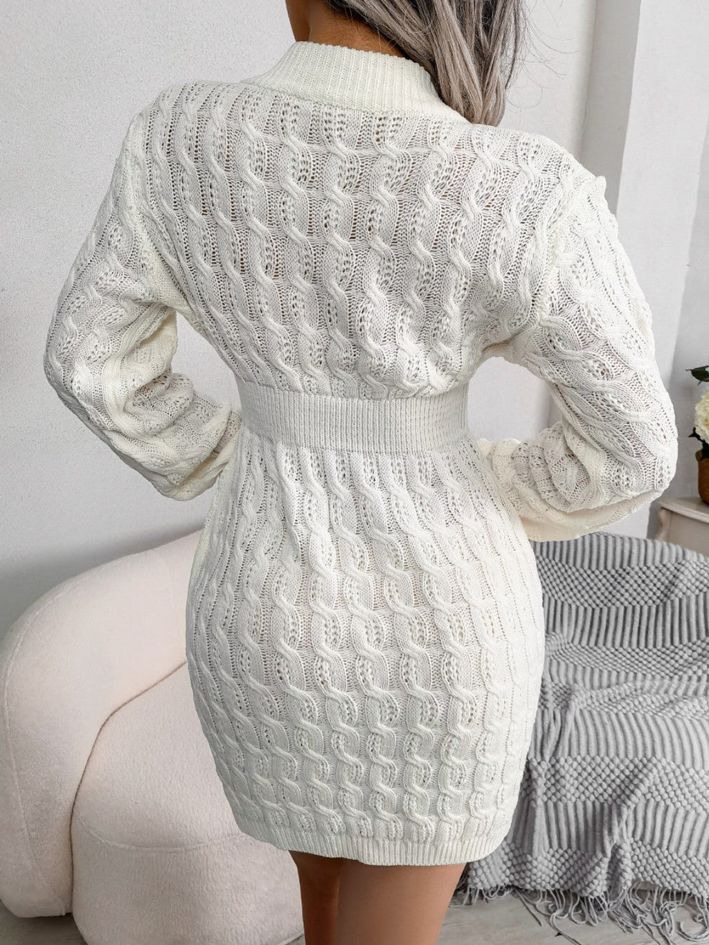 Cable - Knit Round Neck Mini Wrap Sweater Dress - ViarousViarousViarous