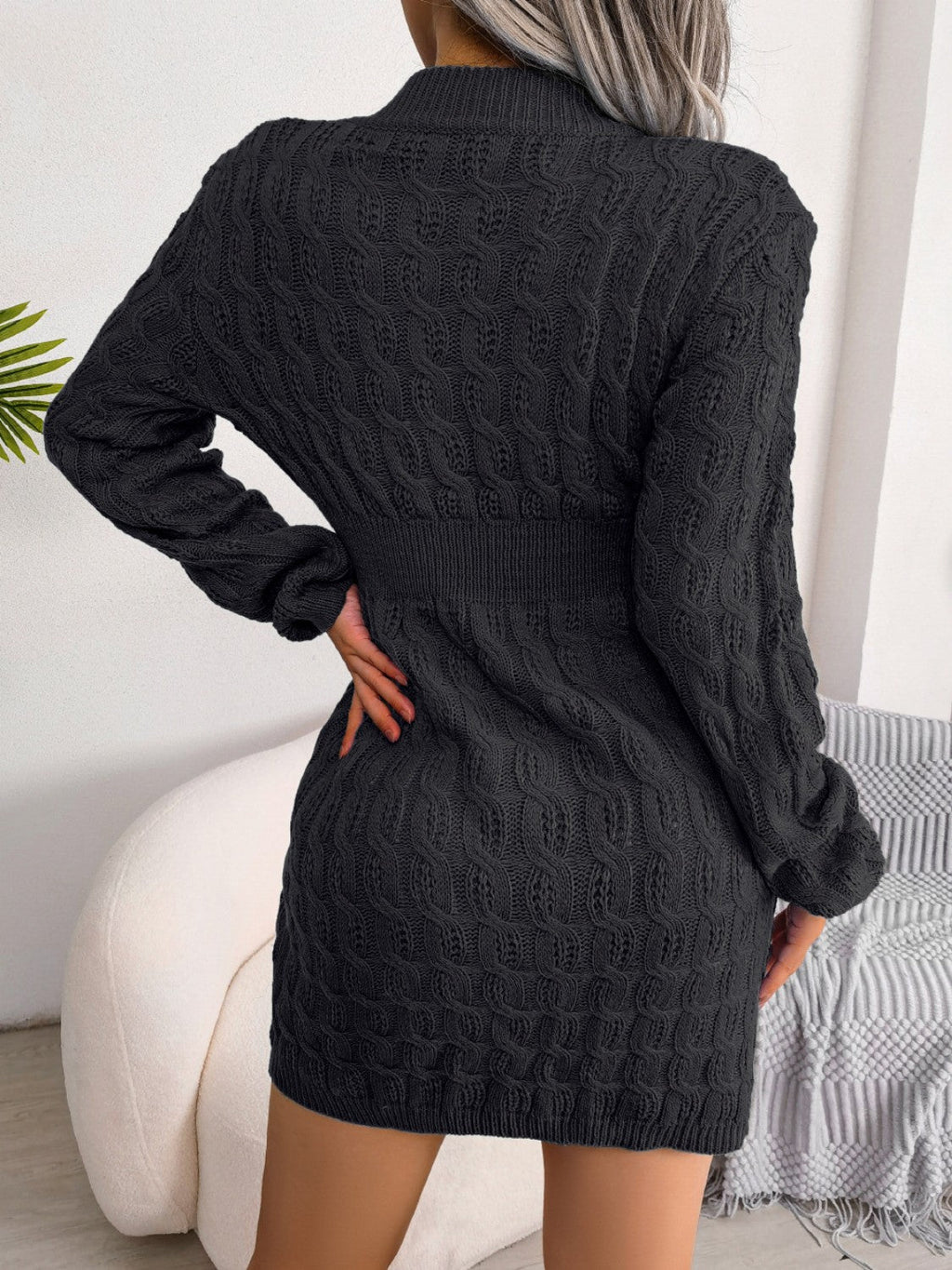 Cable - Knit Round Neck Mini Wrap Sweater Dress - ViarousViarousViarous