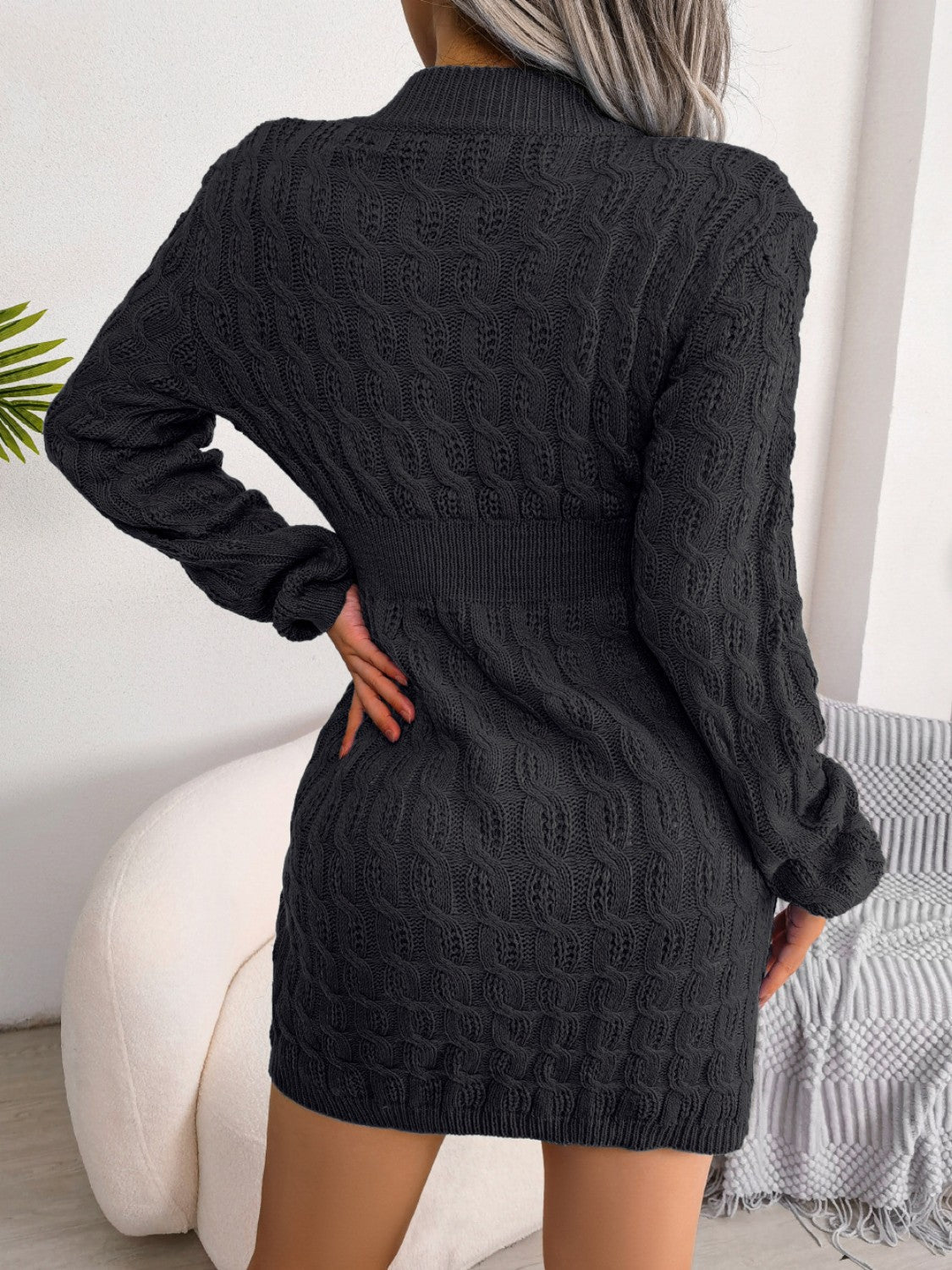 Cable - Knit Round Neck Mini Wrap Sweater Dress - ViarousViarousViarous