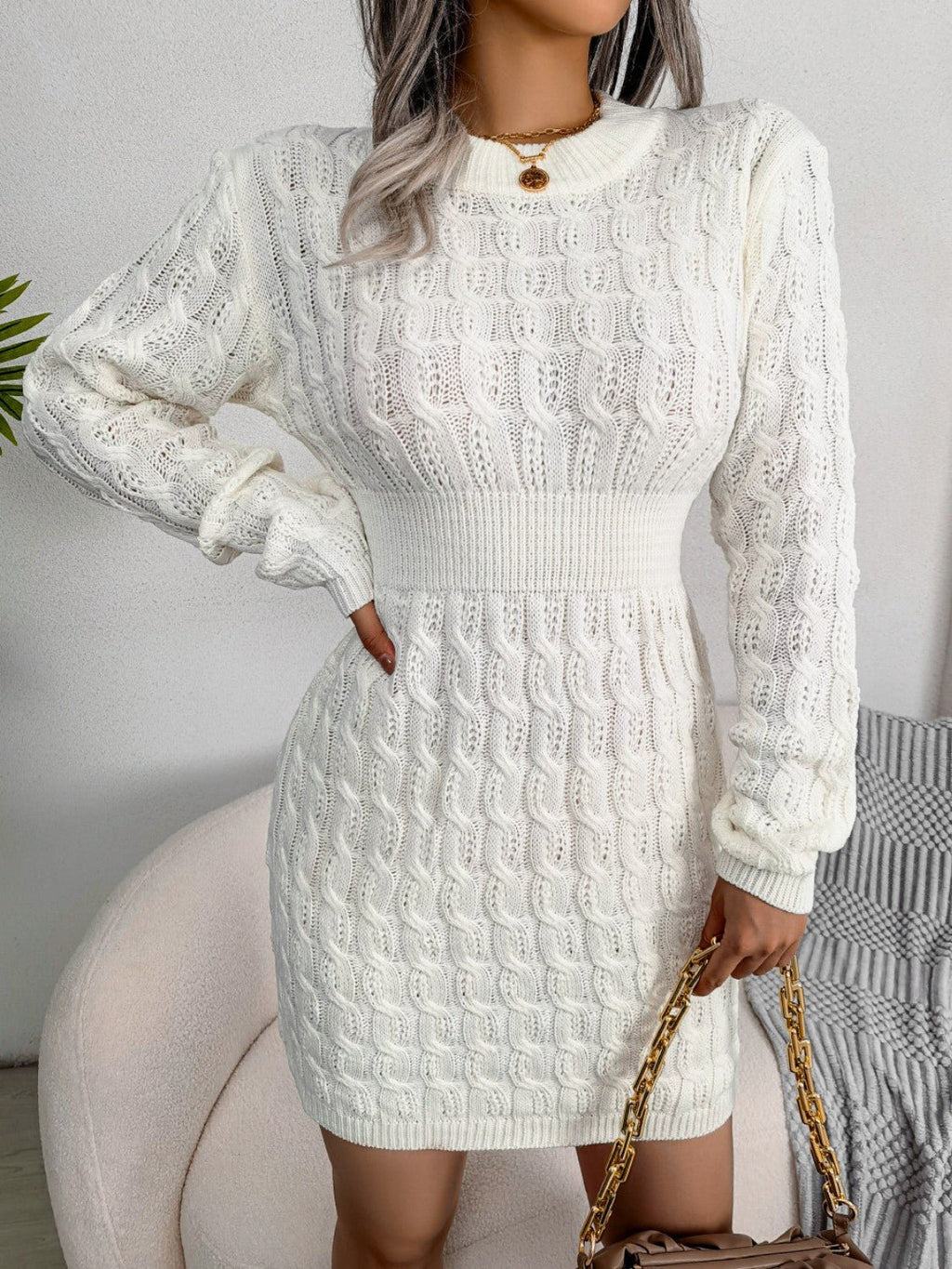 Cable - Knit Round Neck Mini Wrap Sweater Dress - ViarousViarousViarous