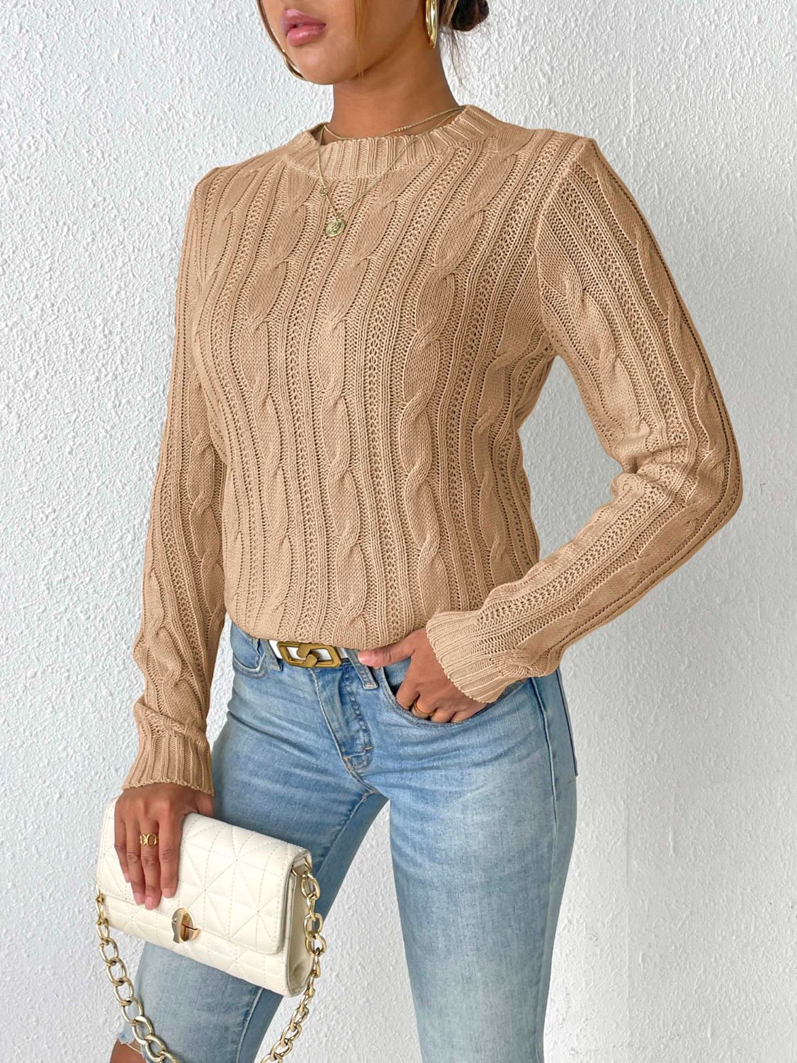 Cable - Knit Round Neck Sweater - ViarousViarousViarous